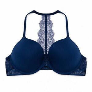 Victorias Secret Push Up Bra 32D Front Close Blue Lace Racerback T-Shirt Sexy